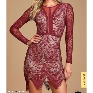 Lulu's Burgundy Lace Long Sleeve Bodycon Dress